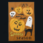 Spooky Season Pumpkins Ghost Bat HAPPY HALLOWEEN Tea Towel<br><div class="desc">Decorate your kitchen with this cool art towel. Makes a great Halloween,  housewarming,  birthday or wedding gift! 
You can customise it with your own text too or change the colours.
Check my shop for lots more colours and patterns!</div>