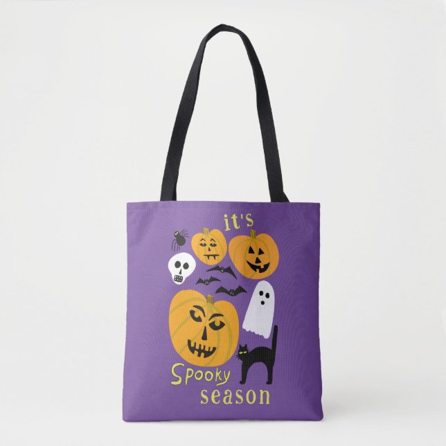 Spooky Season Pumpkins Ghost Bat HAPPY HALLOWEEN Tote Bag (Front)