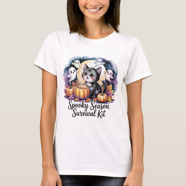 Spooky Season Survival Kit Cute Cat Ghost T-Shirt  (Front)
