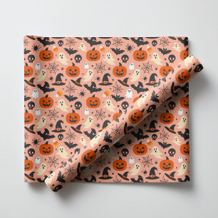 Spooky Seasonal Black Orange Halloween Pattern Wrapping Paper