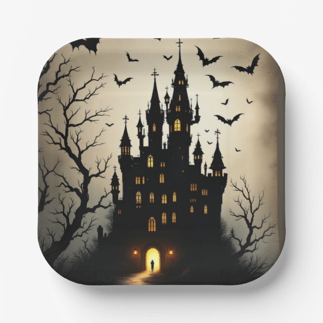 Spooky Shadow Halloween Castle Paper Plates (Front)