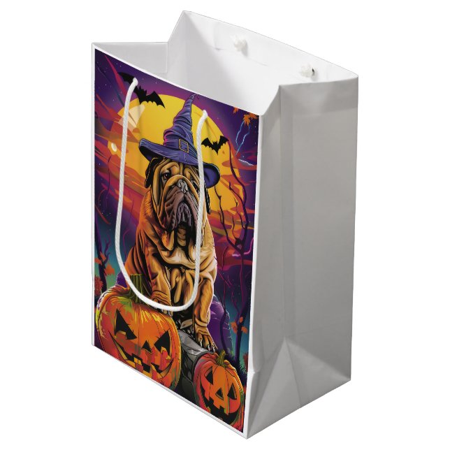 Spooky Shar Pei Dog Halloween Witch And Pumpkin Medium Gift Bag (Front Angled)