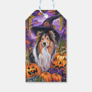 Spooky Shetland Sheepdog Halloween Witch Pumpkin Gift Tags