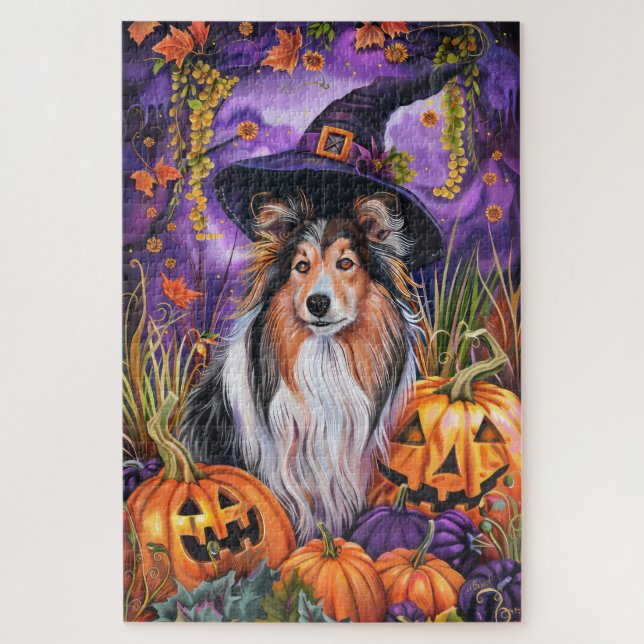 Spooky Shetland Sheepdog Halloween Witch Pumpkin Jigsaw Puzzle (Vertical)