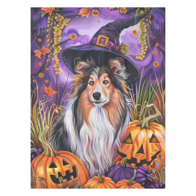 Spooky Shetland Sheepdog Halloween Witch Pumpkin Tablecloth (Front)