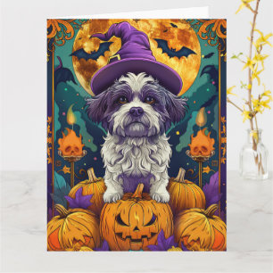 Spooky Shih Tzu Dog Halloween Witch And Pumpkin Card