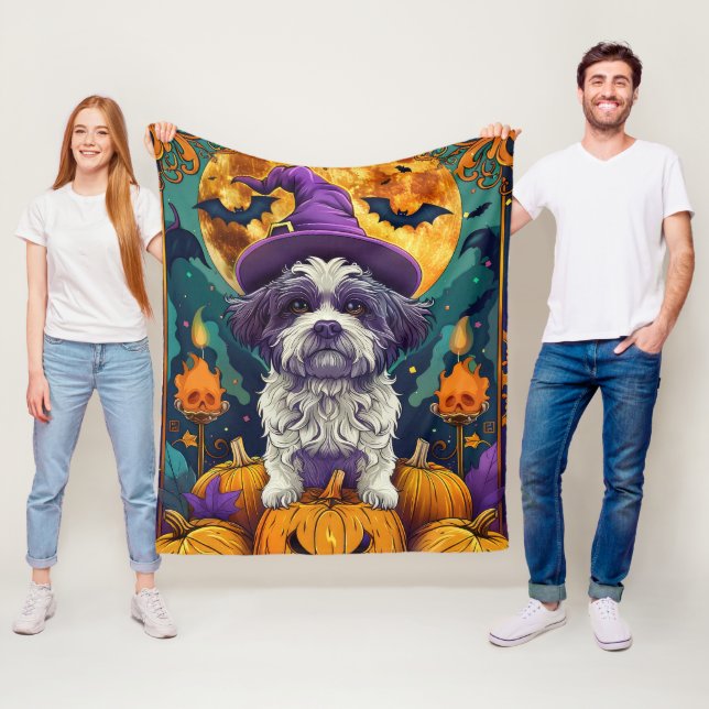 Spooky Shih Tzu Dog Halloween Witch And Pumpkin  Fleece Blanket (In Situ)