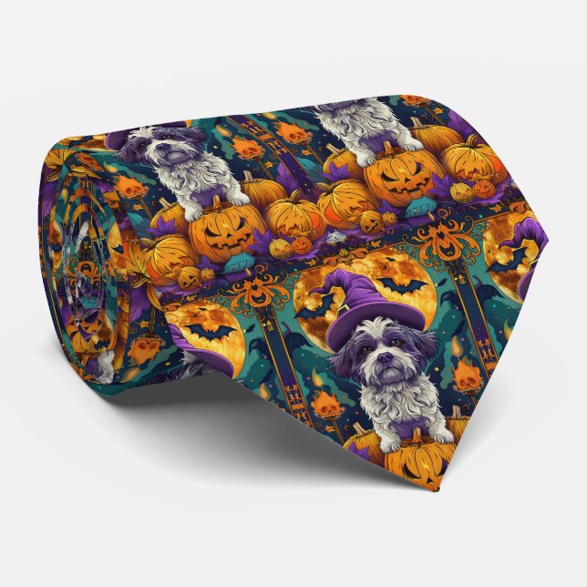 Spooky Shih Tzu Dog Halloween Witch And Pumpkin  Tie (Rolled)