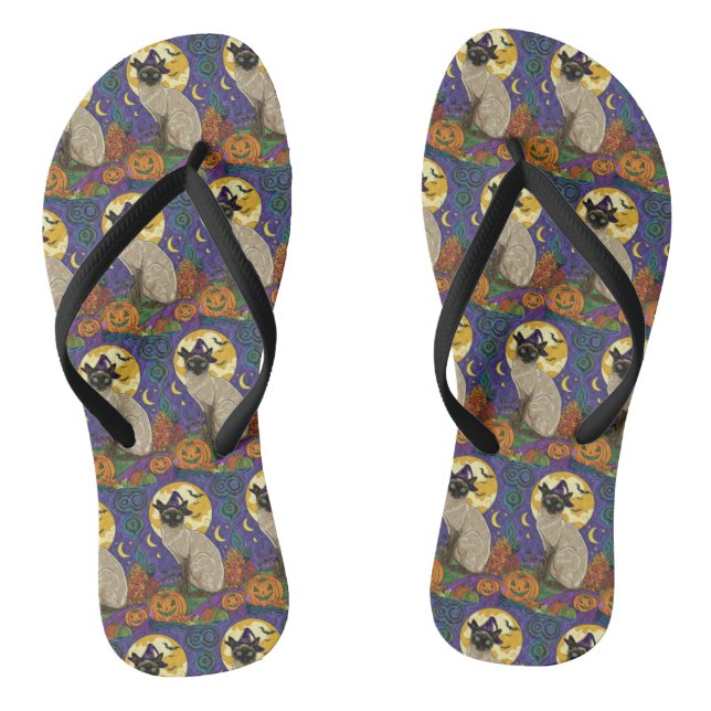 Spooky Siamese Cat Halloween Witch And Pumpkin Jandals (Footbed)