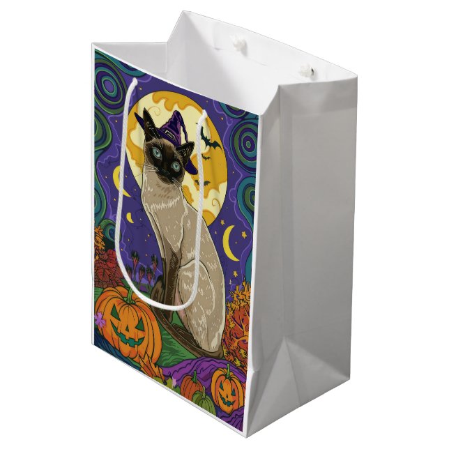Spooky Siamese Cat Halloween Witch And Pumpkin Medium Gift Bag (Front Angled)