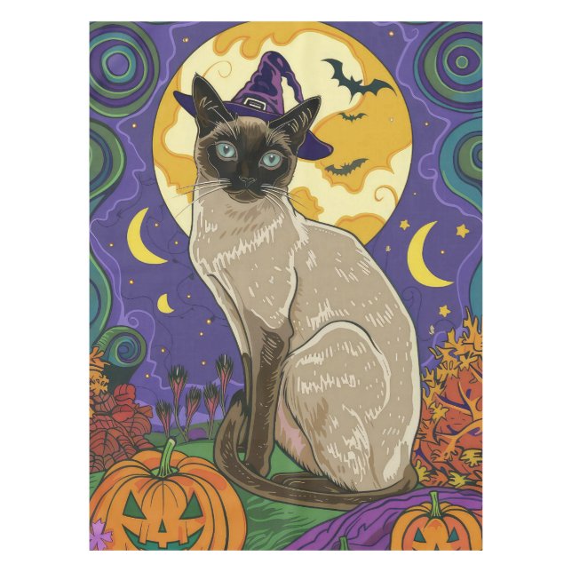 Spooky Siamese Cat Halloween Witch And Pumpkin Tablecloth (Front)