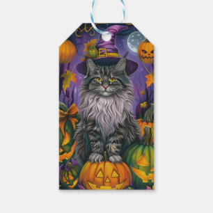 Spooky Siberian Cat Halloween Witch And Pumpkin Gift Tags