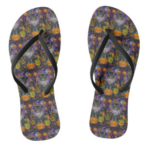 Spooky Siberian Cat Halloween Witch And Pumpkin Jandals