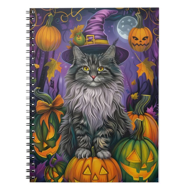 Spooky Siberian Cat Halloween Witch And Pumpkin Notebook (Front)