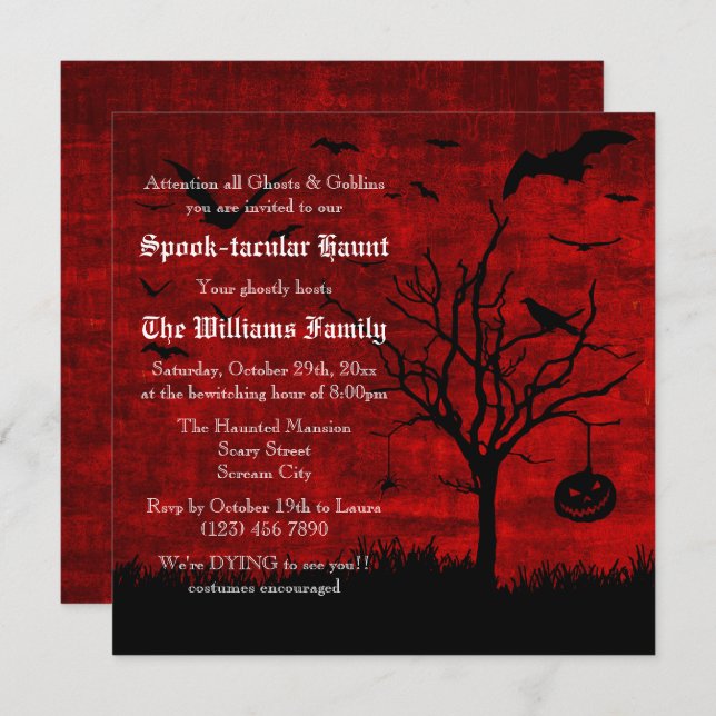 Spooky Silhouettes Grungy Red Halloween Invitation (Front/Back)
