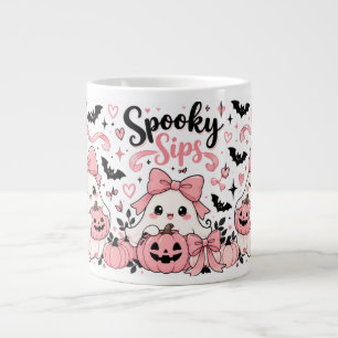 Spooky Sips Pink Coquette Halloween Ghosts Bows an Large Coffee Mug