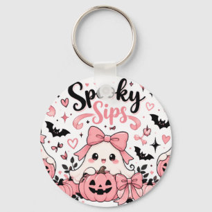 Spooky Sips Pink Coquette Halloween Ghosts Bows Key Ring