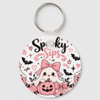 Spooky Sips Pink Coquette Halloween Ghosts Bows Key Ring
