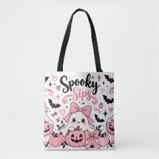 Spooky Sips Pink Coquette Halloween Ghosts Bows Tote Bag