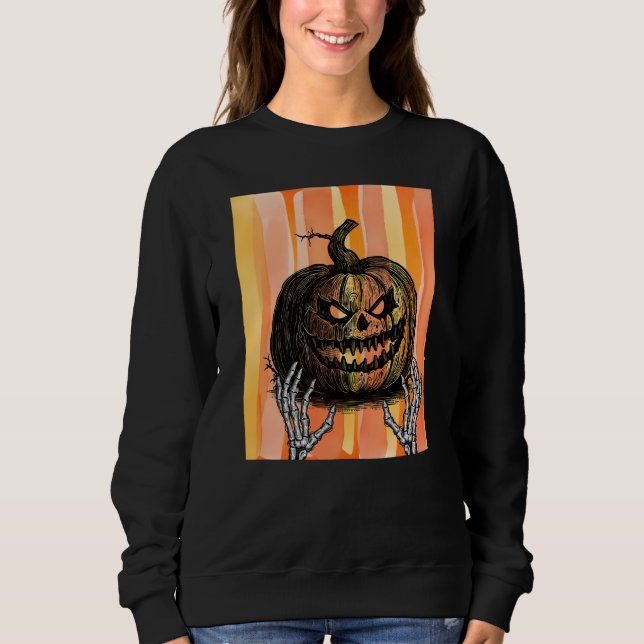 Spooky Skeletal Hands Macabre Pumpkin Art Sweatshirt (Front)