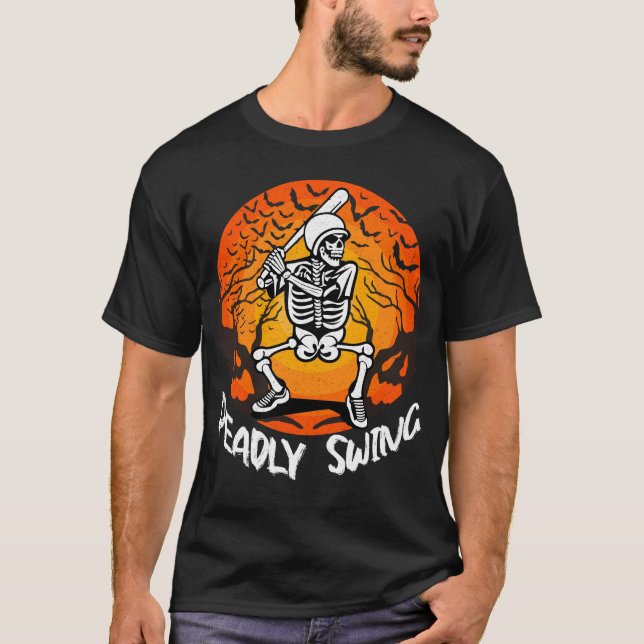 Spooky Skeleton Baseball Halloween Deadly Swing T-Shirt (Front)