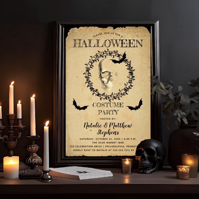 Spooky Skeleton Bat Wreath Halloween Costume Party Invitation (Creepy, Scary Skull and Bats Halloween Adult Costume Party Invitation)