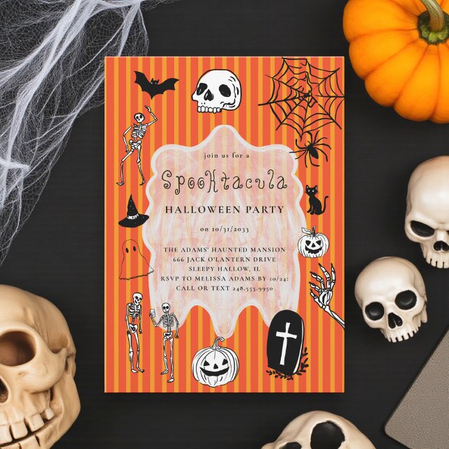 Spooky Skeleton Black Cat Bat Halloween Party Invitation (Creator Uploaded)