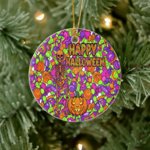 Spooky Skeleton Candy Party Pattern Halloween Ceramic Tree Decoration