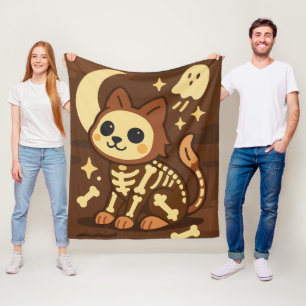 Spooky Skeleton Cat and Ghost Fleece Blanket