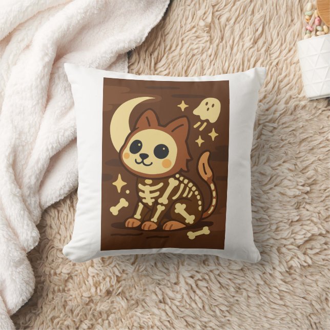 Spooky Skeleton Cat and Ghost Throw Pillow (Blanket)