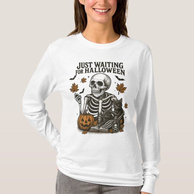 Spooky Skeleton Cat Halloween Vibes T-Shirt (Front)