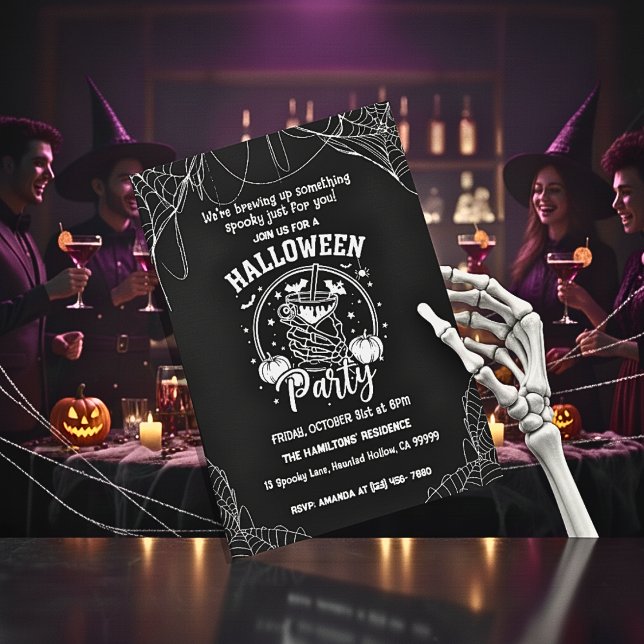 Spooky Skeleton Cocktail Adult Halloween Party Invitation (Spooky Adult Cocktail Costume Halloween Party Invitation Black & White Skeleton Pumpkin Spiders.)