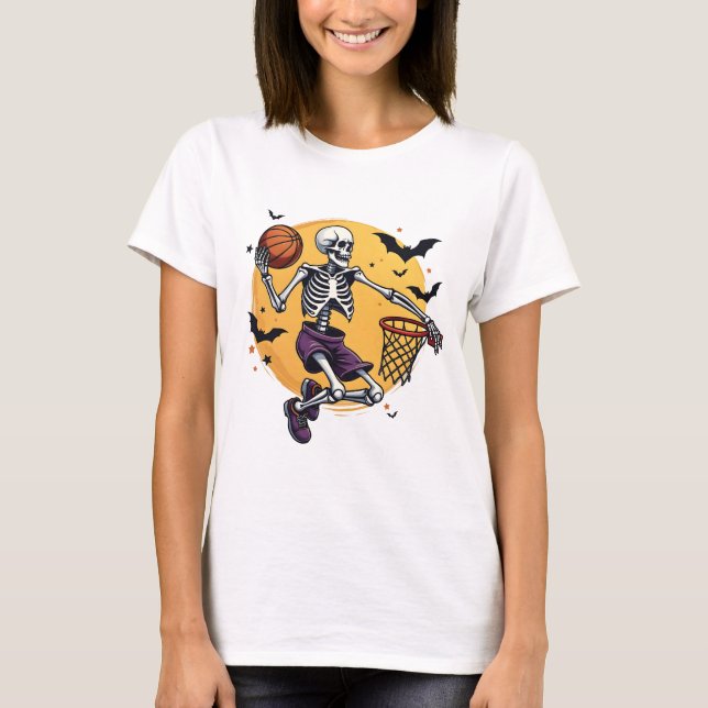 Spooky Skeleton Dunking Basketball Graveyard Hallo T-Shirt (Front)