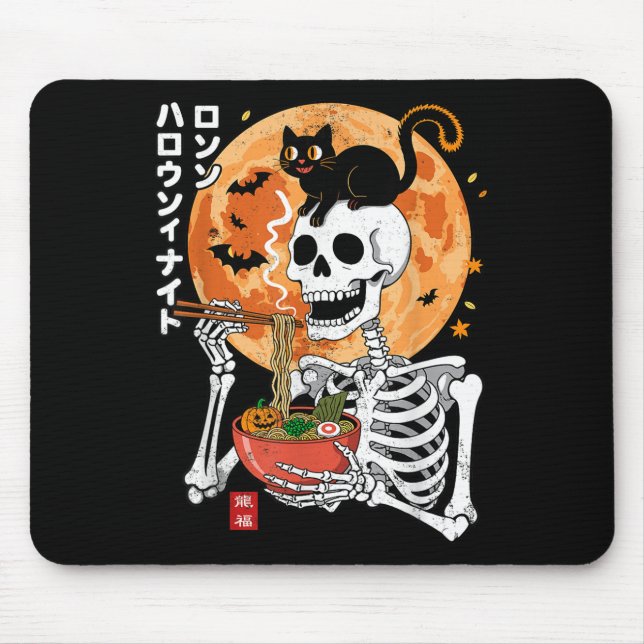 Spooky Skeleton Eating Ramen Bowl With Cat Hallowe Mouse Pad (Front)