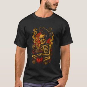 Spooky Skeleton Eating Ramen Bowl with Cat Hallowe T-Shirt