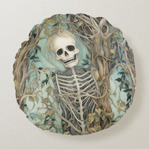 Spooky Skeleton Halloween Round Throw Pillow
