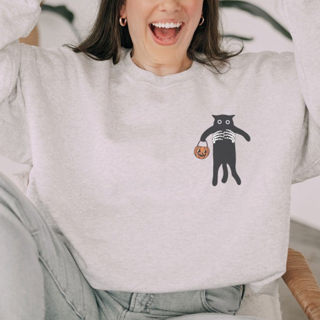 Spooky Skeleton Hand Holding Black Cat Halloween  Sweatshirt (Creator Uploaded)