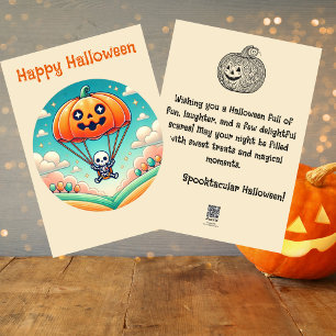 Spooky Skeleton in Pumpkin Parachute,Halloween  Holiday Card
