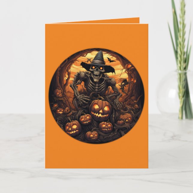Spooky Skeleton Jack-O-Lantern Pumpkins Halloween Card (Front)
