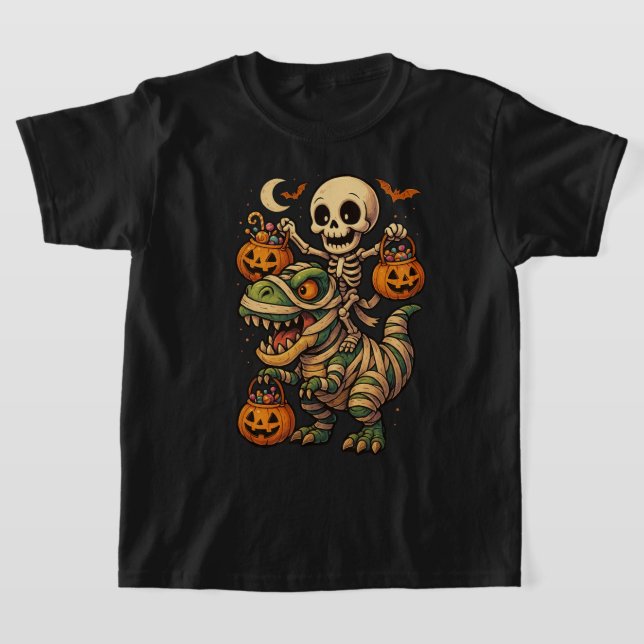 Spooky Skeleton & Mummy T-Rex Halloween Design T-Shirt (Laydown)