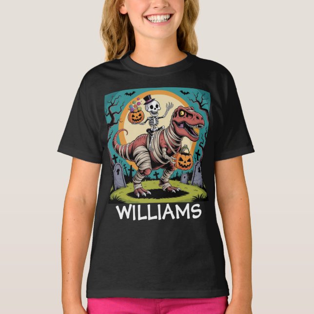Spooky Skeleton & Mummy T-Rex Halloween Design T-Shirt (Front)