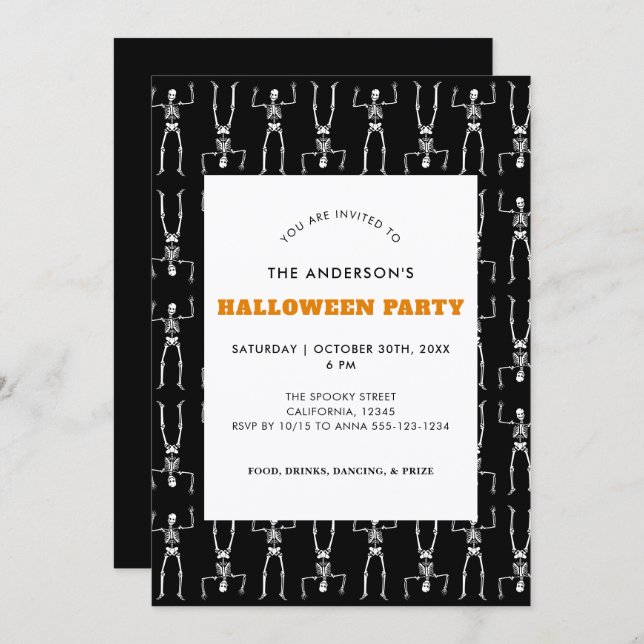 Spooky Skeleton Pattern Black Halloween Party Invitation (Front/Back)