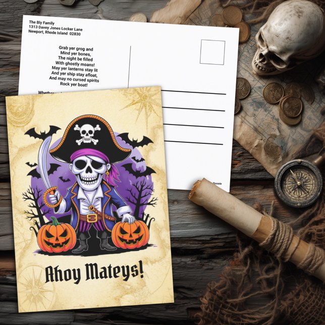 Spooky Skeleton Pirate Halloween Holiday Postcard (Creator Uploaded)