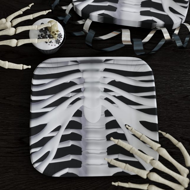 Spooky Skeleton Rib Cage Black and White Halloween Paper Plate (A spooky square skeleton paper plate for your halloween party)