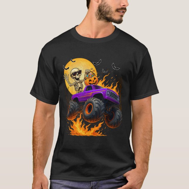 Spooky Skeleton Riding Monster Truck Halloween Cos T-Shirt (Front)