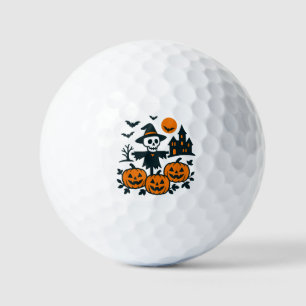 Spooky skeleton scarecrow and haunted house night golf balls