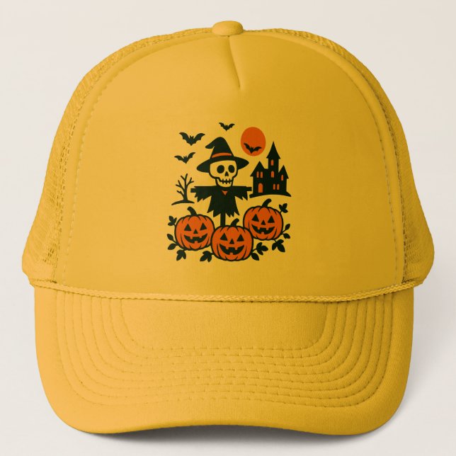 Spooky skeleton scarecrow and haunted house night trucker hat (Front)
