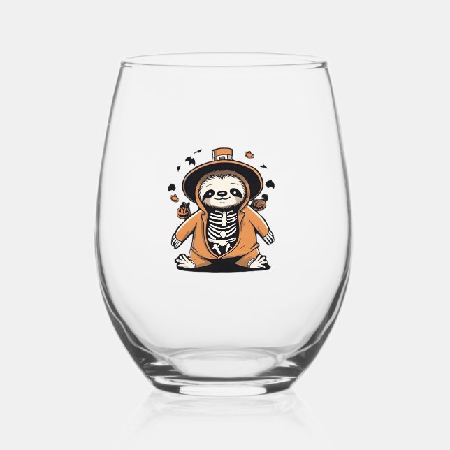 Spooky skeleton sloth trick or treating Classic T- Stemless Wine Glass (Front)