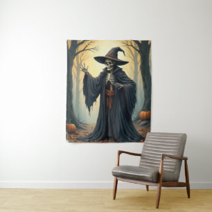 Spooky Skeleton Witch in Haunted Forest Halloween  Tapestry
