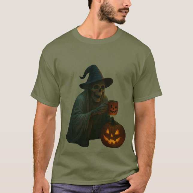 Spooky Skeleton Witch with Pumpkin Glow T-Shirt (Front)